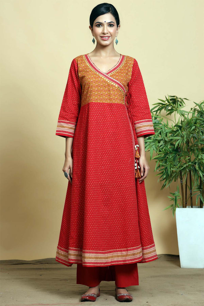 Kalidaar kurta in angrakha style in brick red color