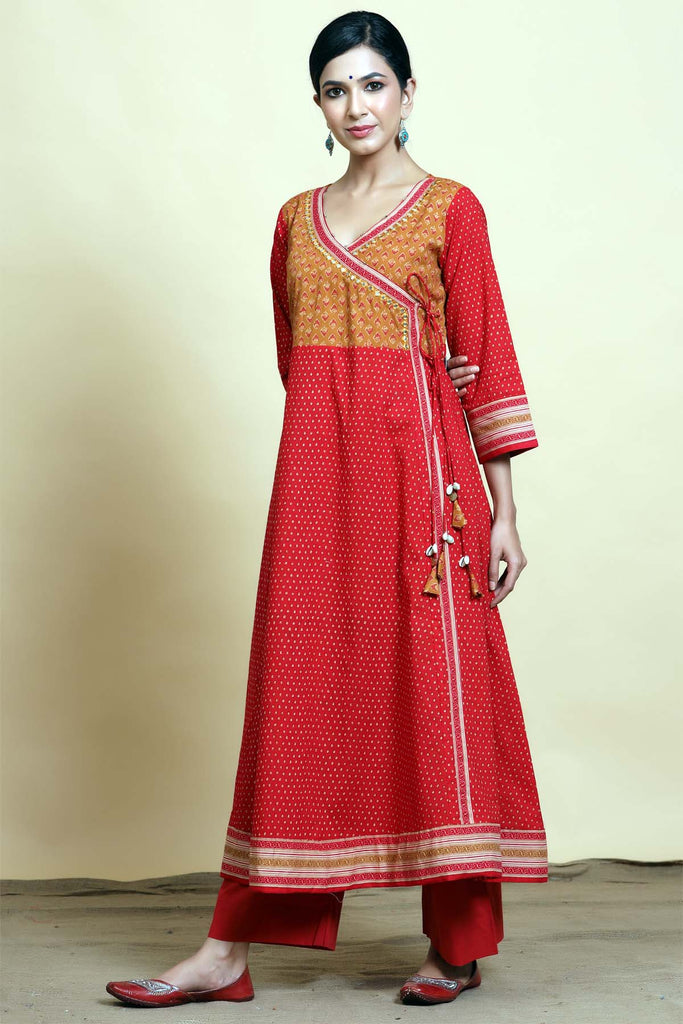 Kalidaar kurta in angrakha style in brick red color