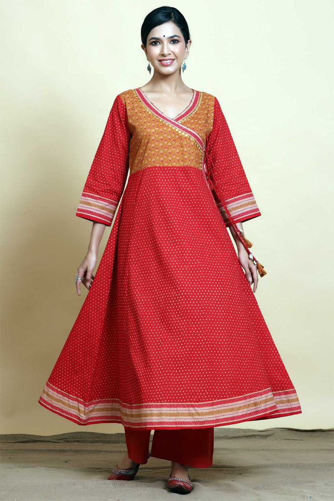 Kalidaar kurta in angrakha style in brick red color