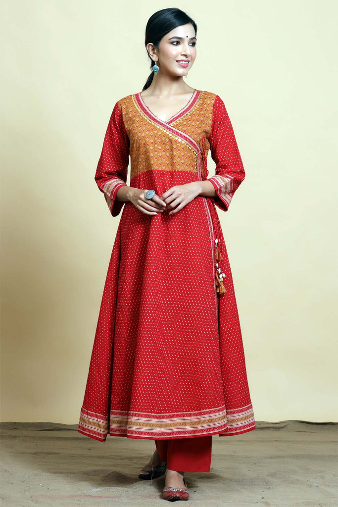 Kalidaar kurta in angrakha style in brick red color