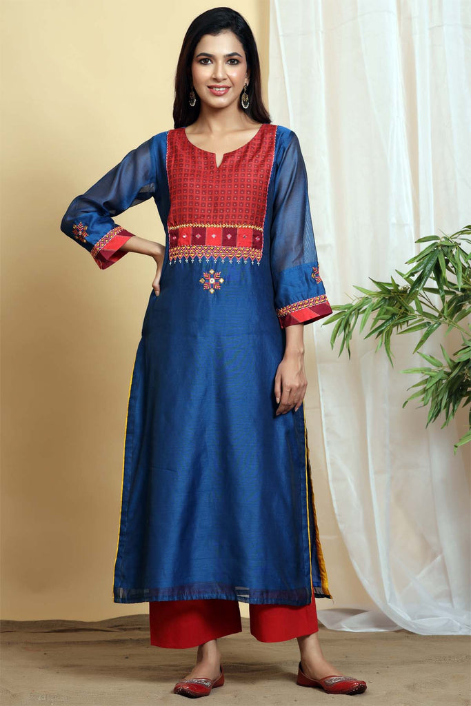 Straight fit Chanderi kurta in bluberry color