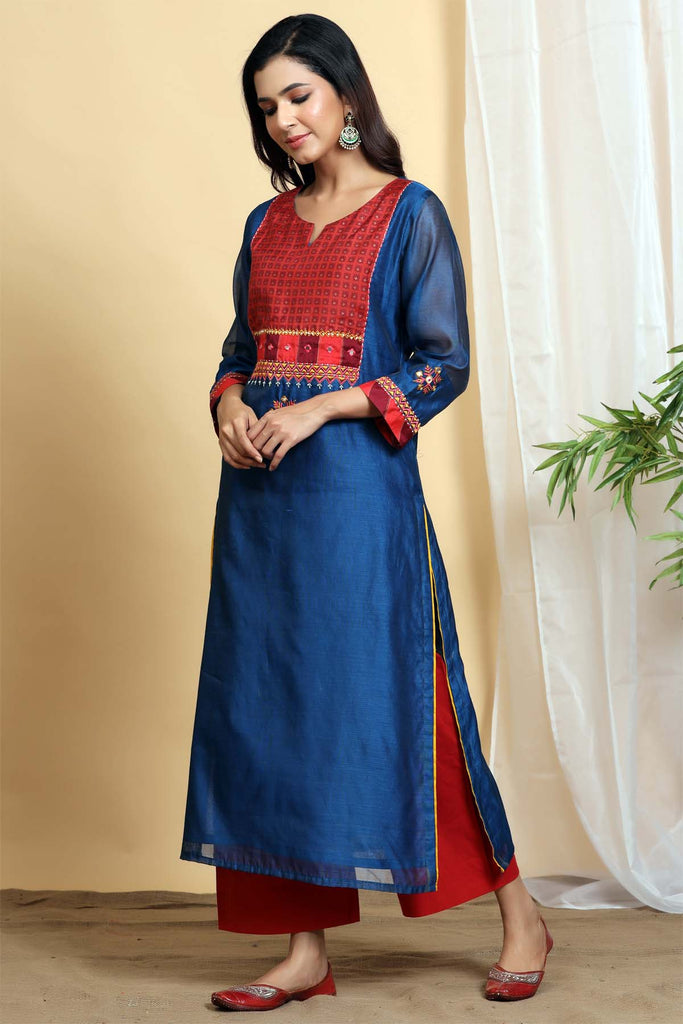 Straight fit Chanderi kurta in bluberry color