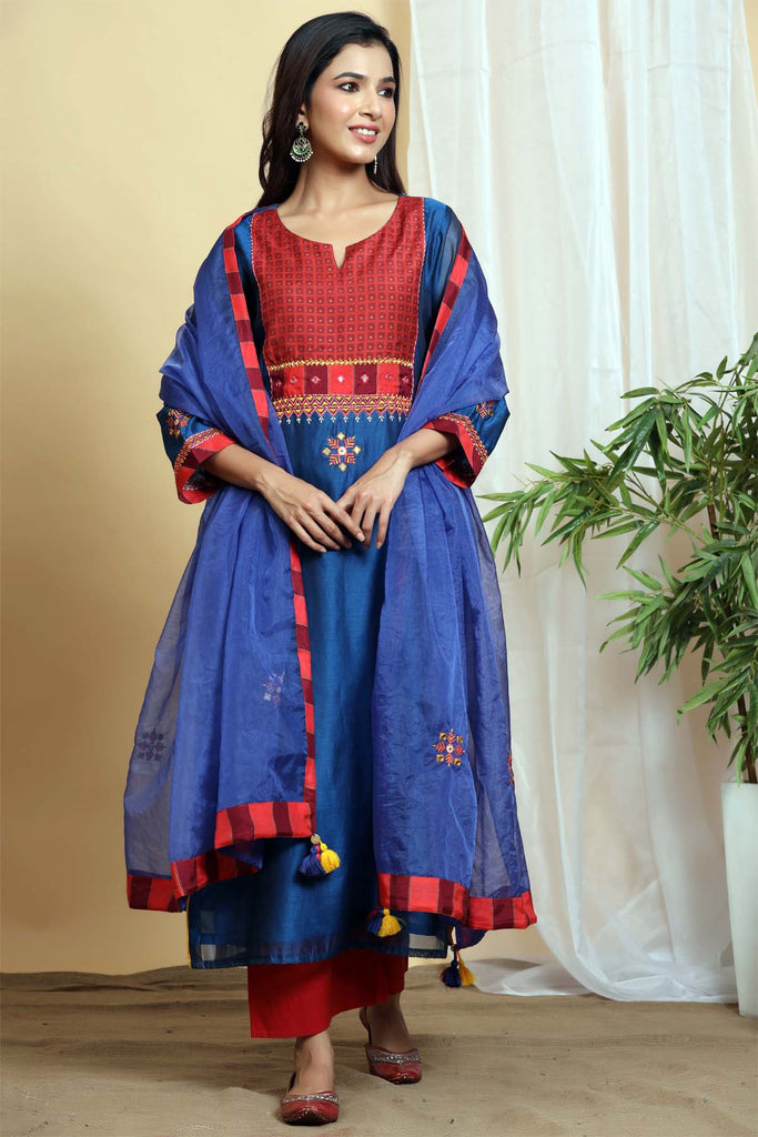 Straight fit Chanderi kurta in bluberry color