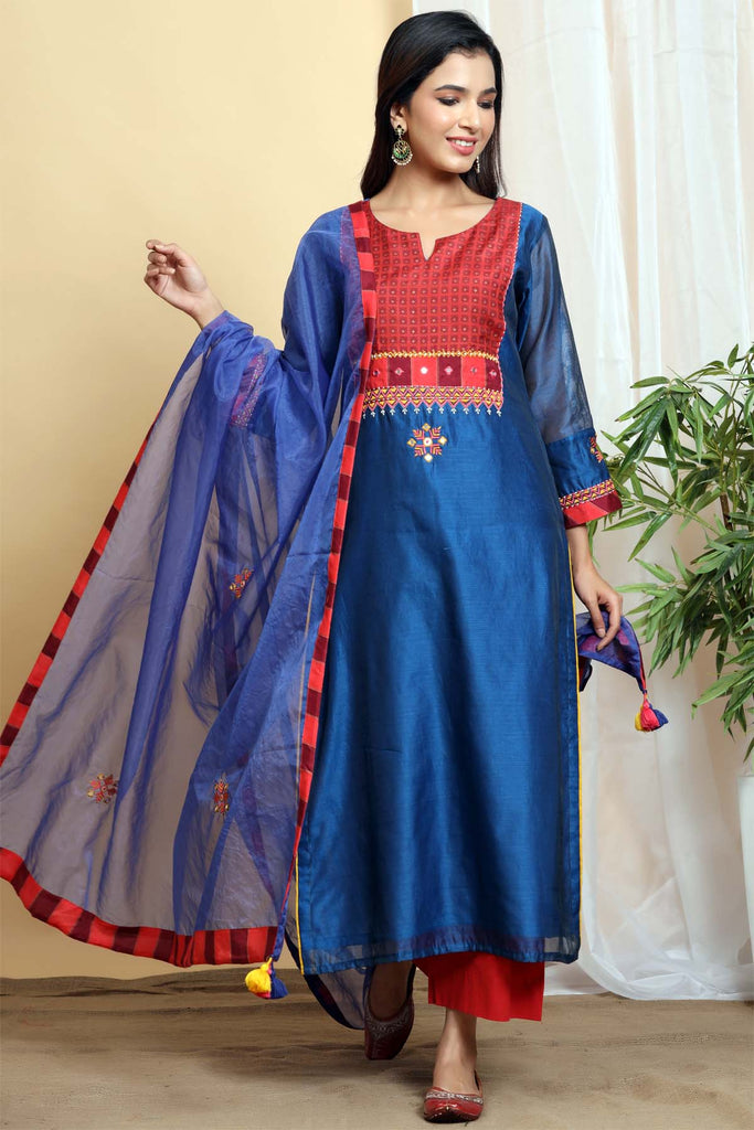 Straight fit Chanderi kurta in bluberry color