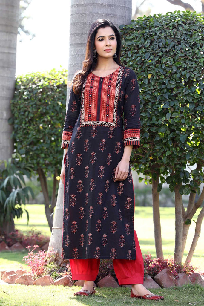 Straight fit kurta in black ajrakh print
