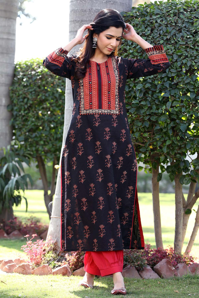 Straight fit kurta in black ajrakh print