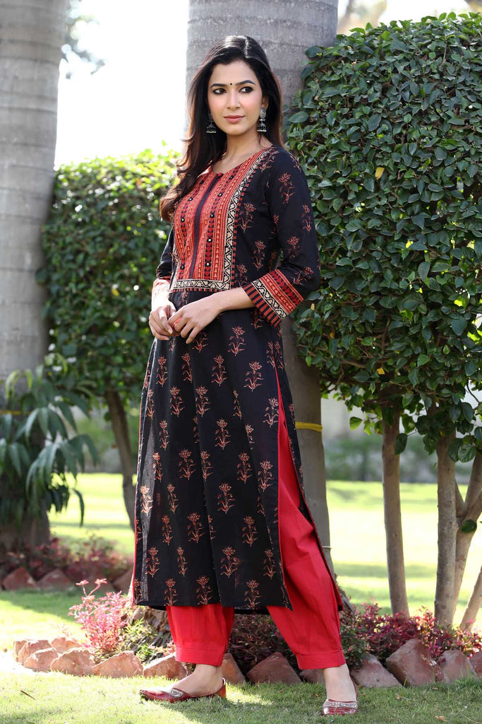 Straight fit kurta in black ajrakh print