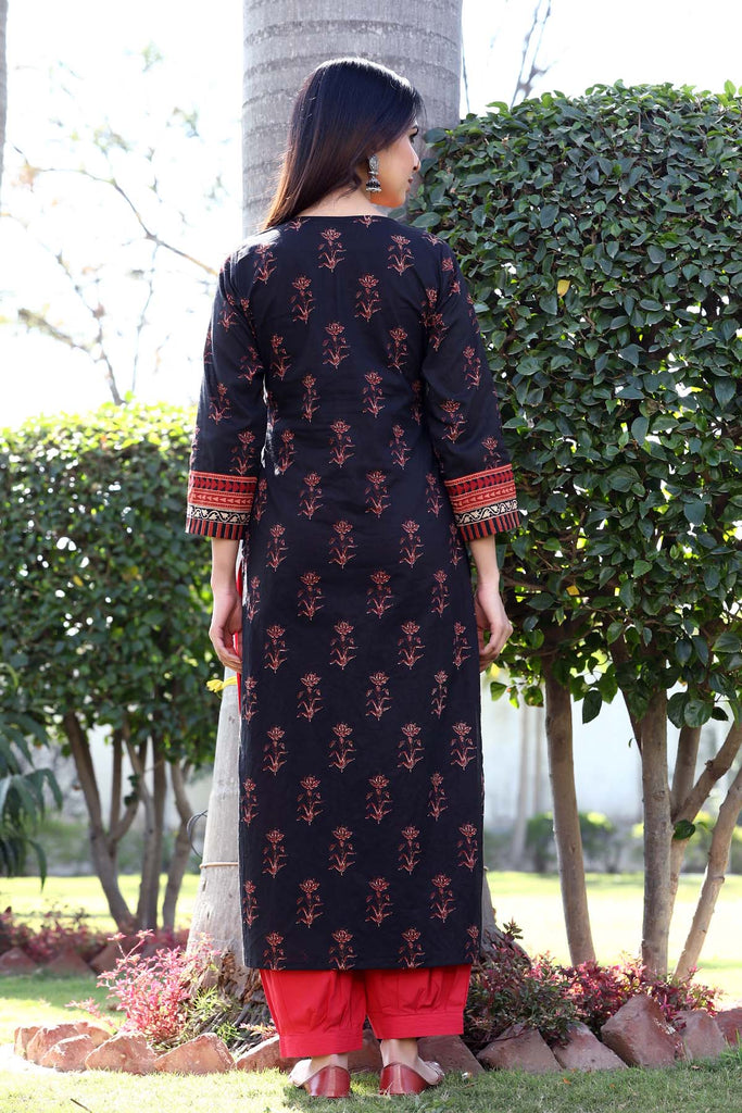 Straight fit kurta in black ajrakh print