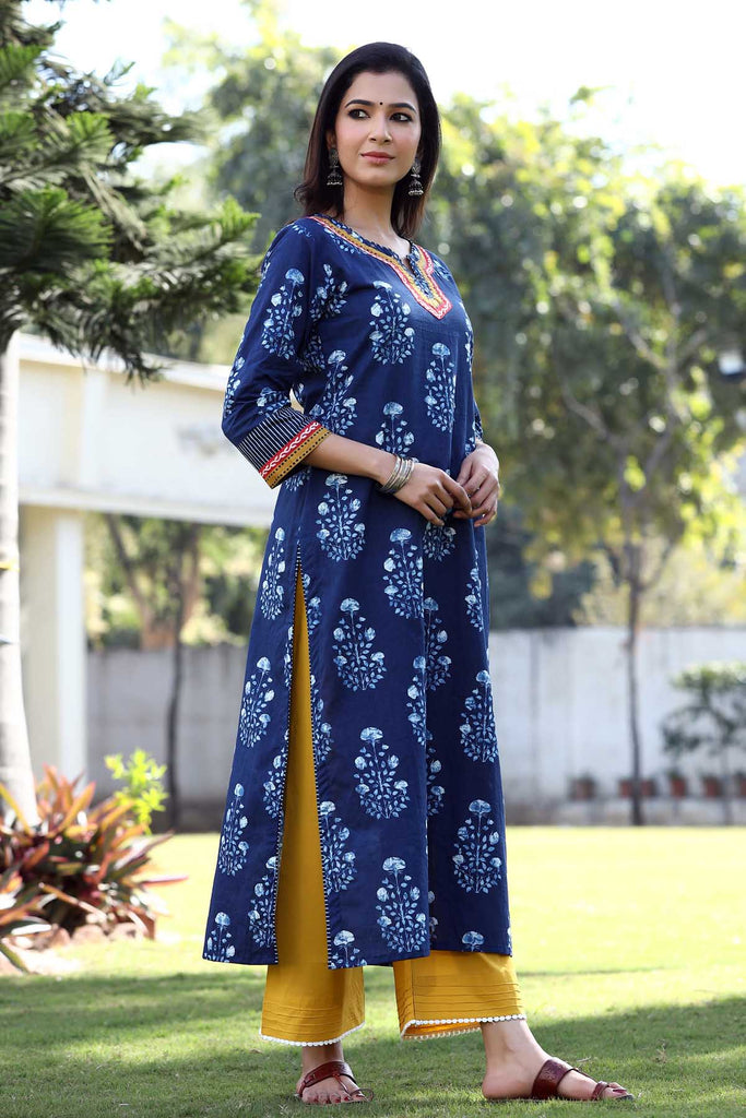 Buy Juniper Indigo Cambric Floral Print High-Low Kurta Palazzo Set Online  in India