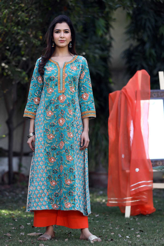 A-Line Kurta in green mutiple prints