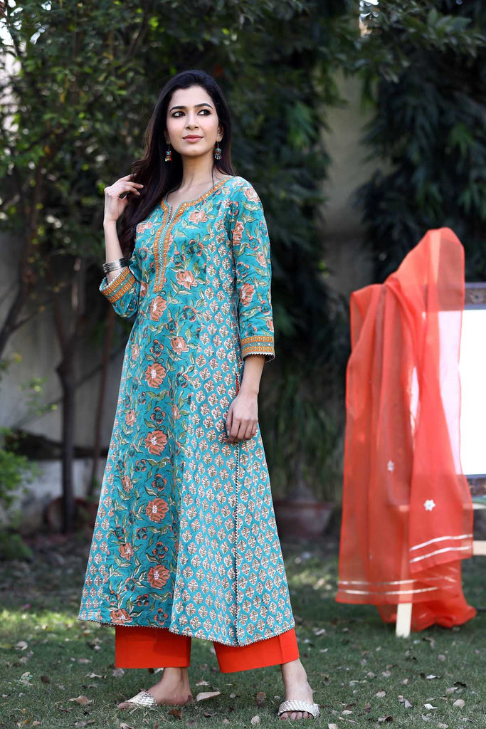 A-Line Kurta in green mutiple prints