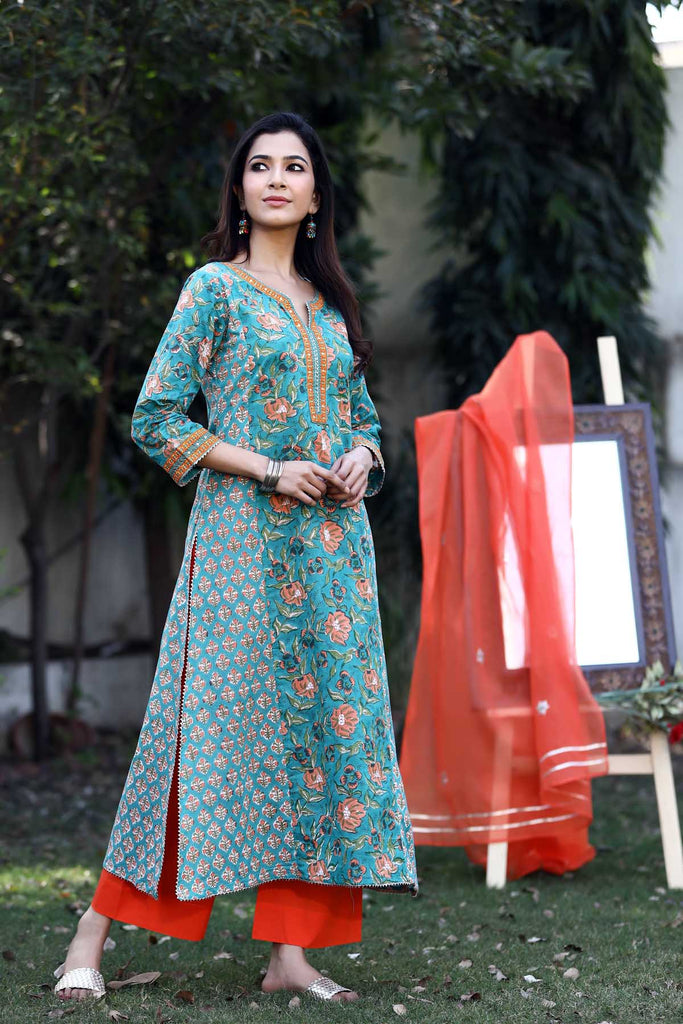 A-Line Kurta in green mutiple prints