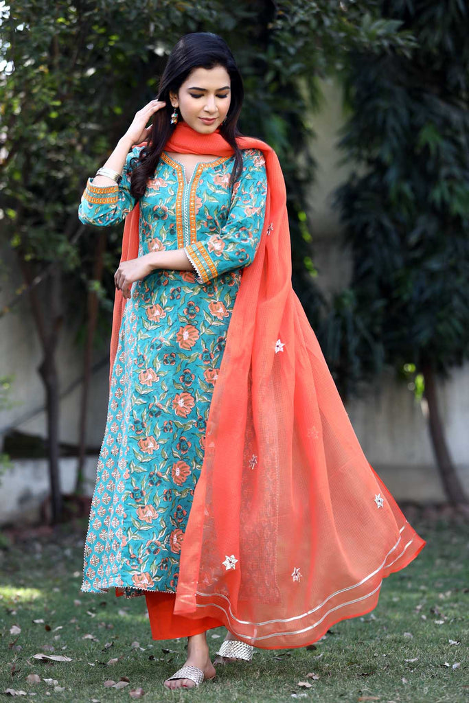 A-Line Kurta in green mutiple prints