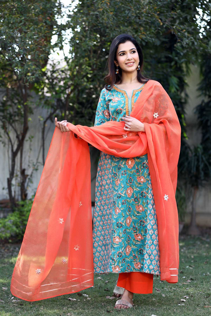 A-Line Kurta in green mutiple prints