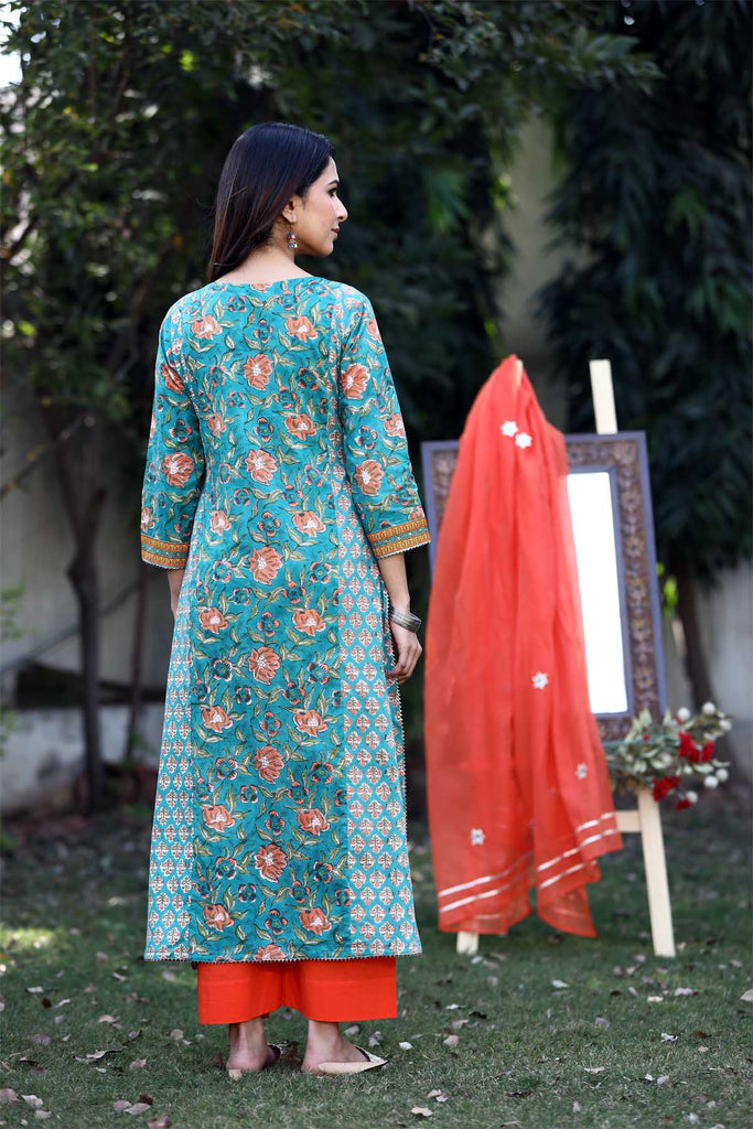 A-Line Kurta in green mutiple prints