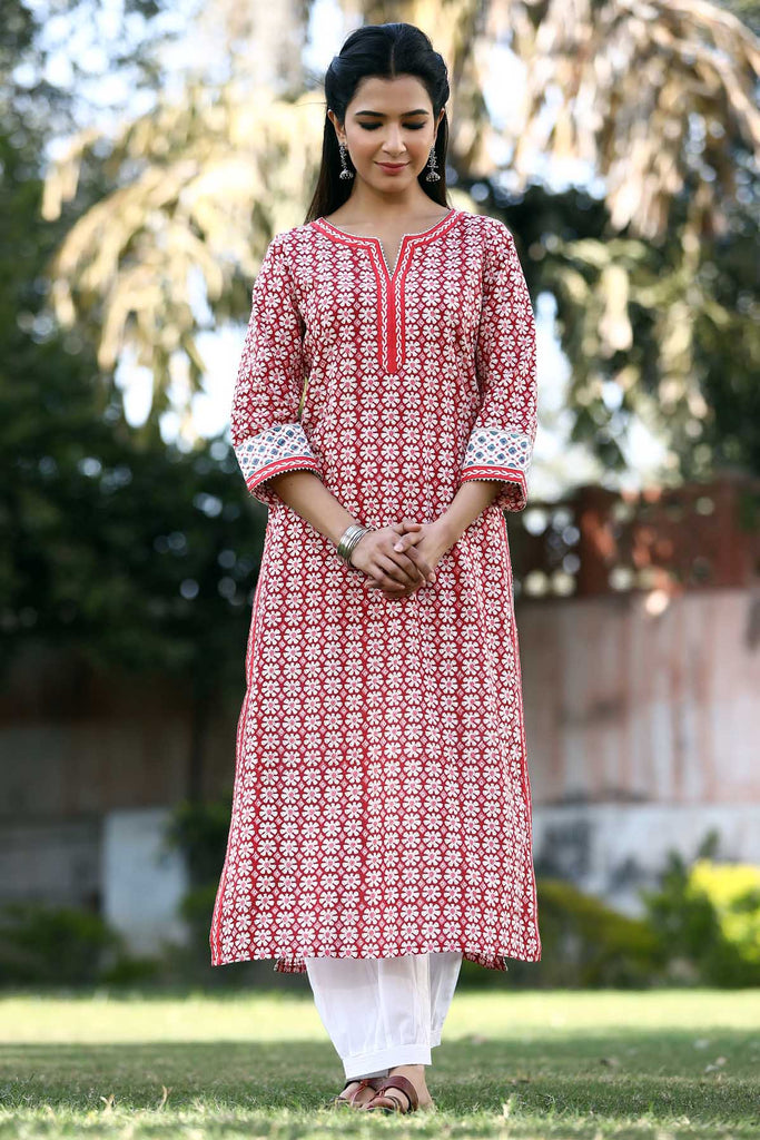 Straight fit hand block print kurta in Red color