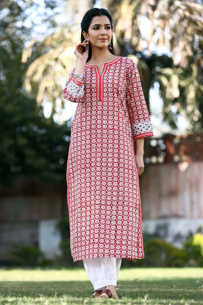 Straight fit hand block print kurta in Red color