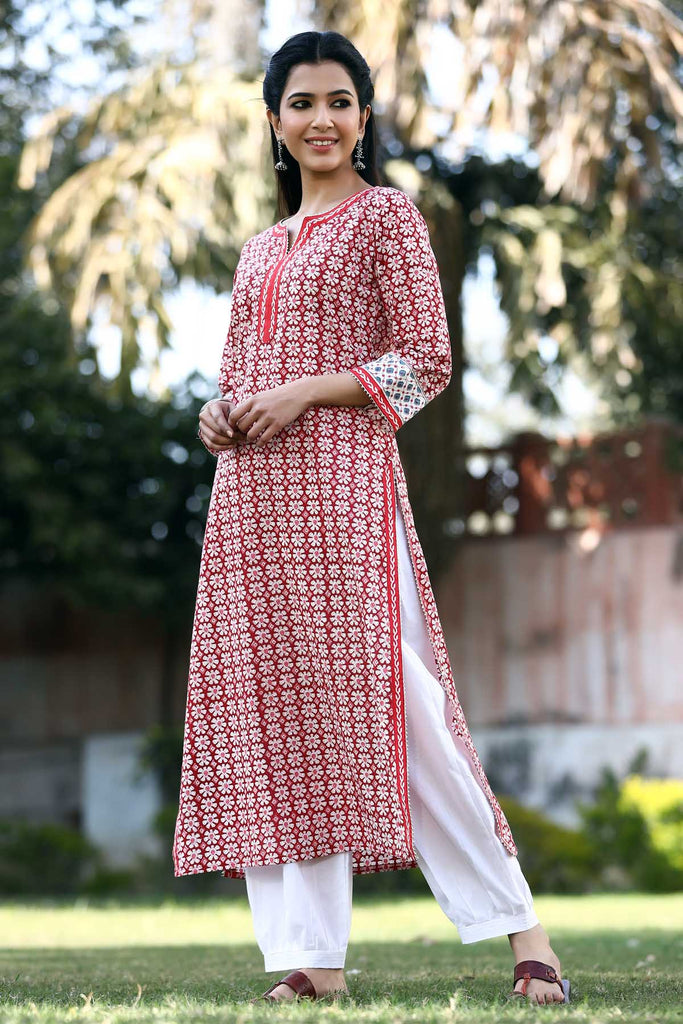 Straight fit hand block print kurta in Red color