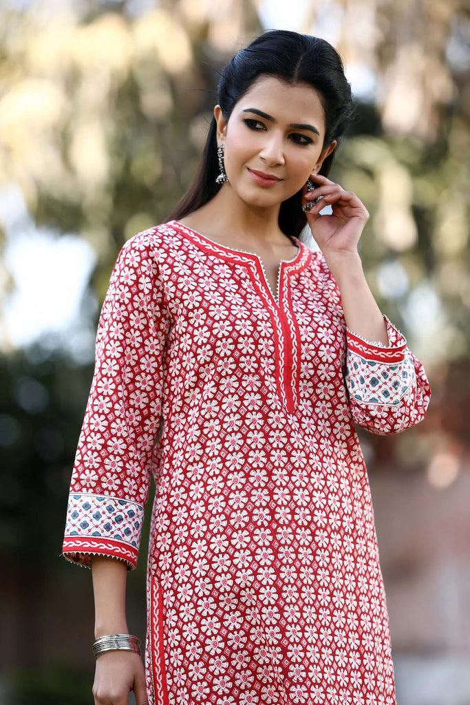 Straight fit hand block print kurta in Red color