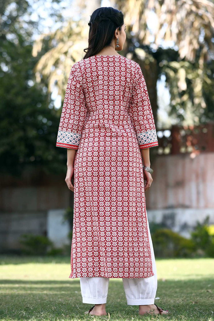 Straight fit hand block print kurta in Red color
