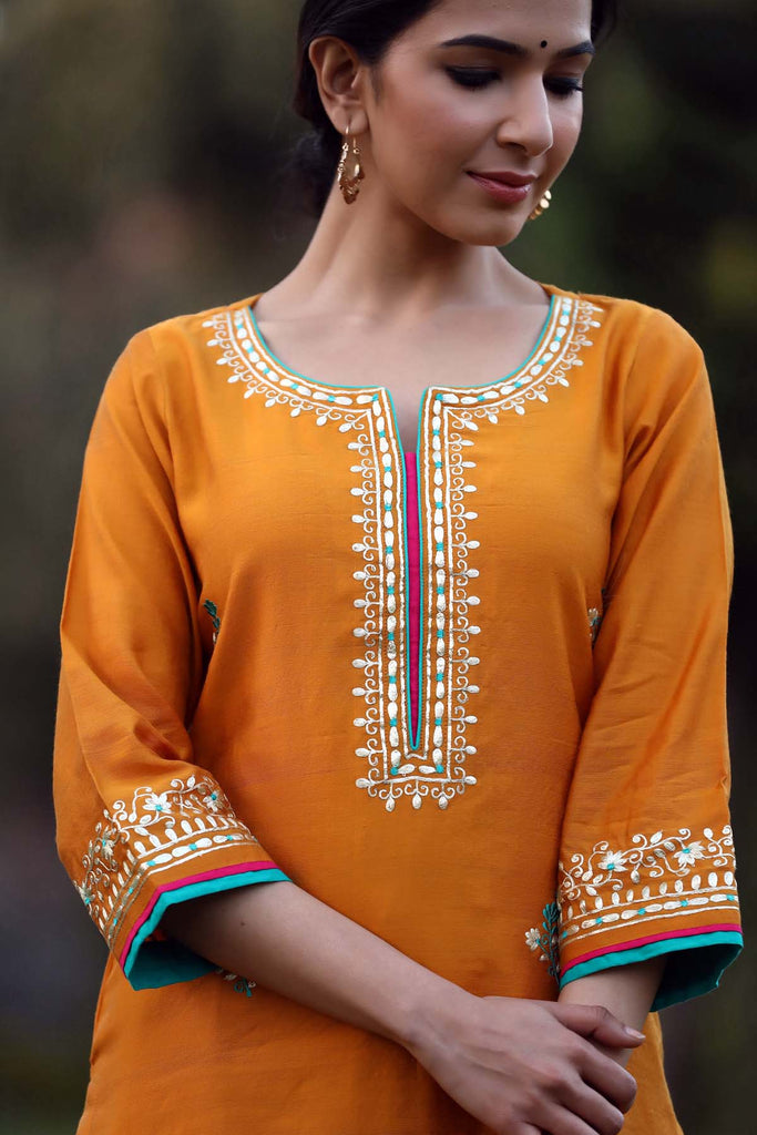 Mustard Gold Chanderi Straight Fit Kurta