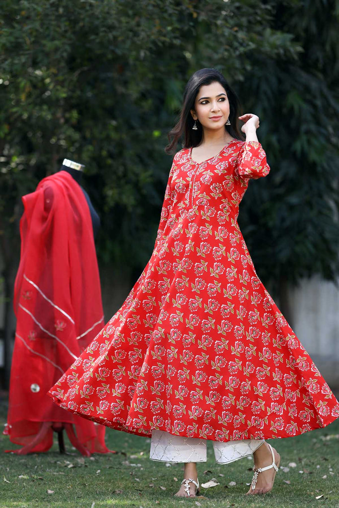 Red color Aline kurta in kalidaar style