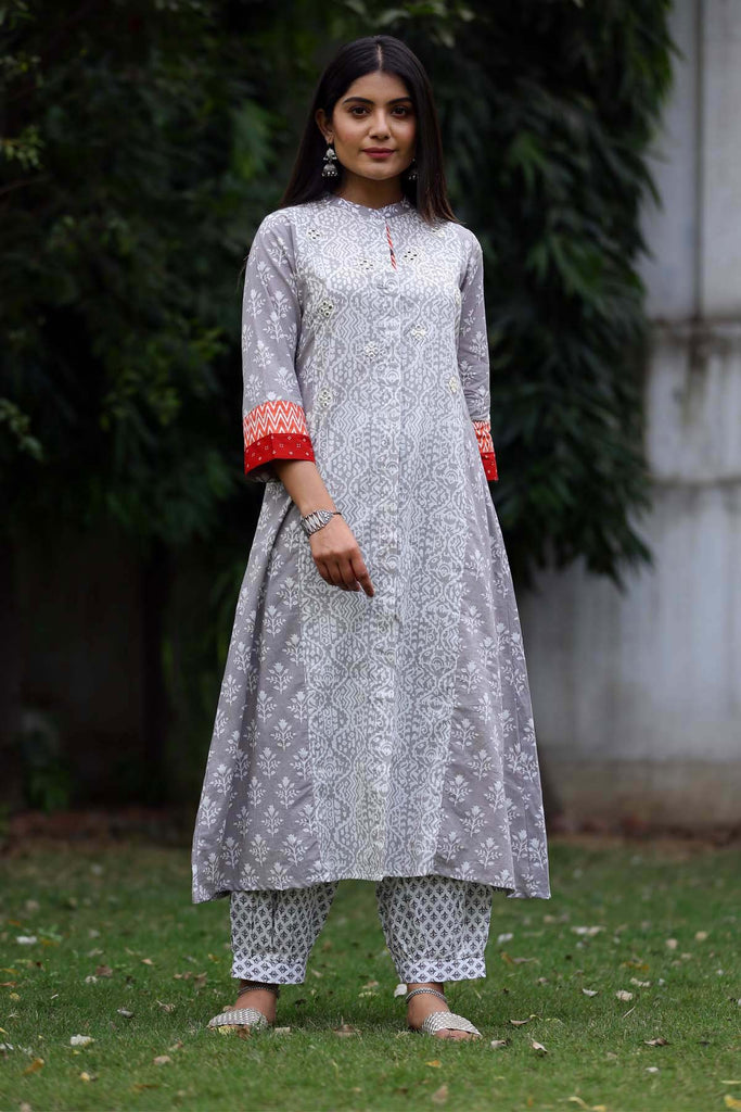 Aline kurta in Grey/White color