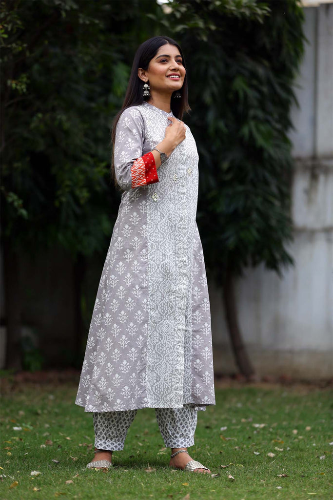 Aline kurta in Grey/White color