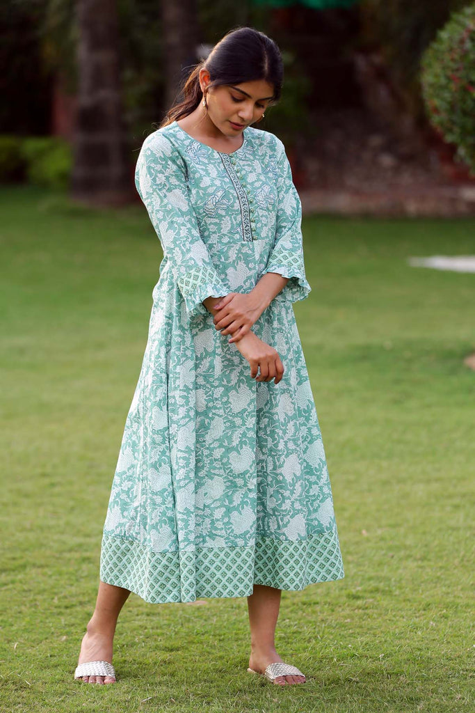 Floral print Dress in aqua green color