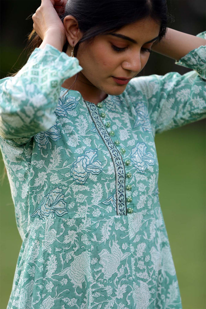 Floral print Dress in aqua green color