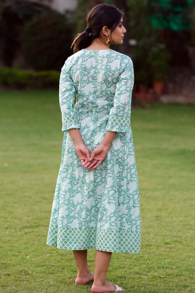 Floral print Dress in aqua green color