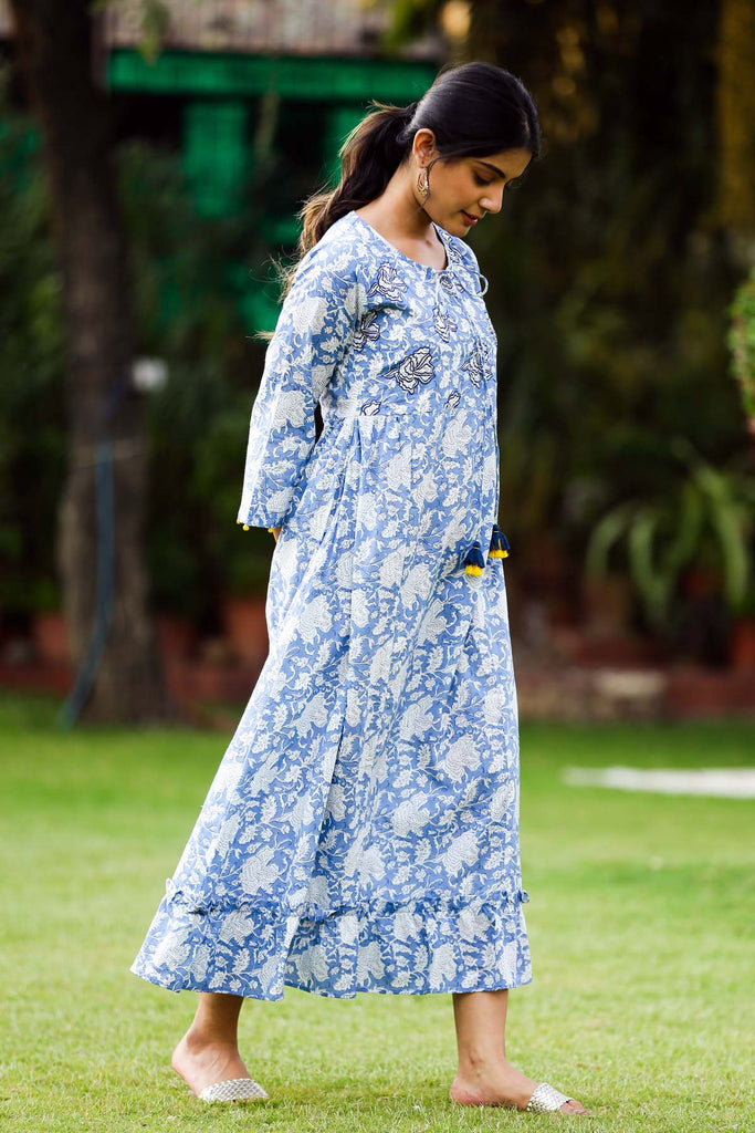 Floral Print Dress In Sky Blue Color