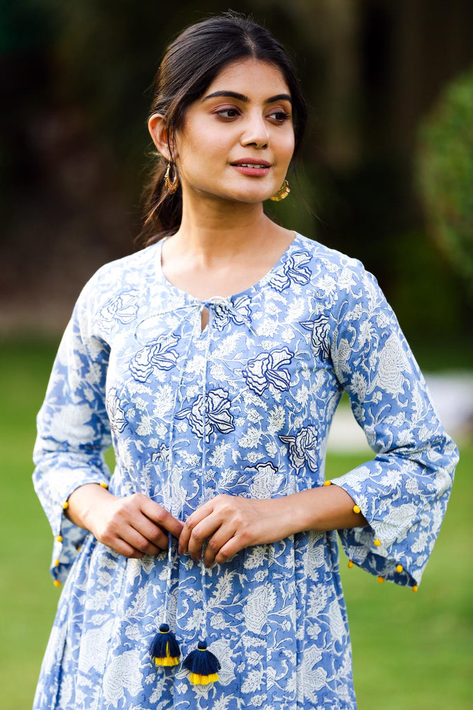 Floral Print Dress In Sky Blue Color