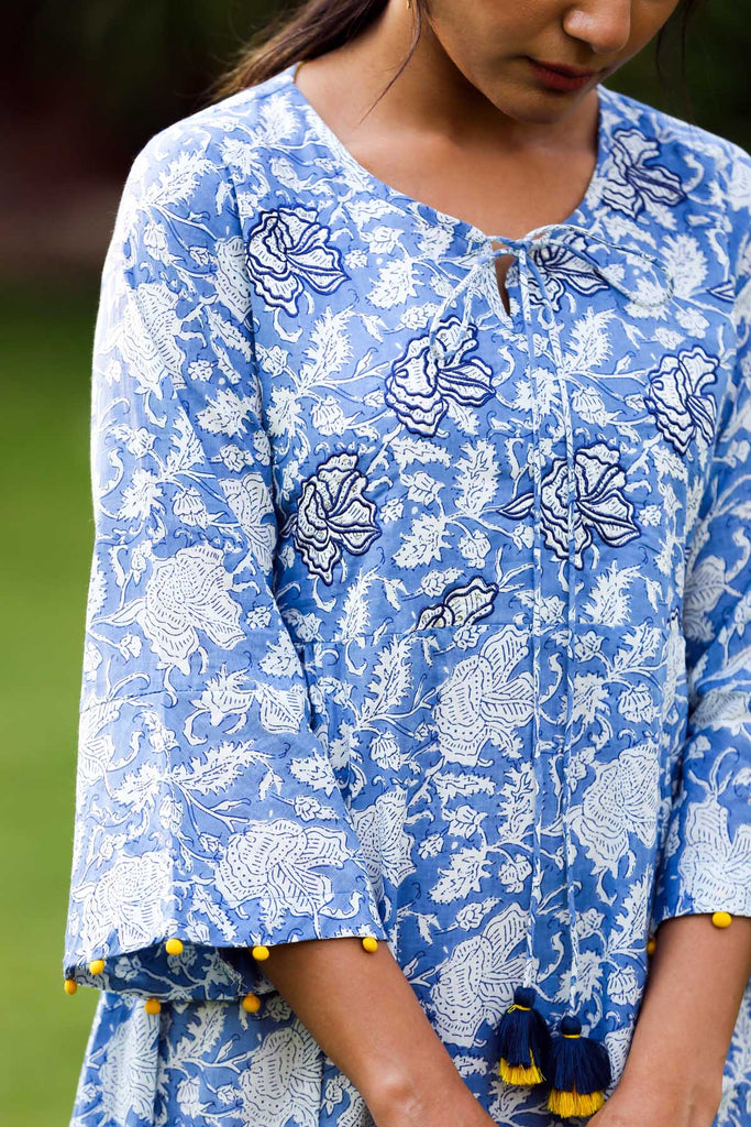 Floral Print Dress In Sky Blue Color