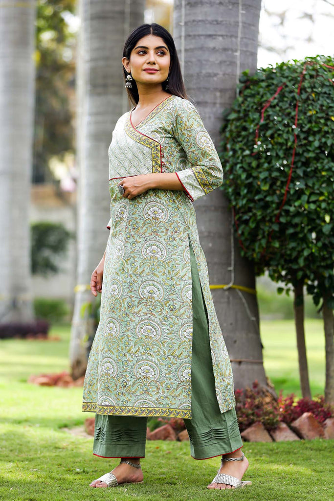 Straight fit /Angrakha style kurta in mehendi green color