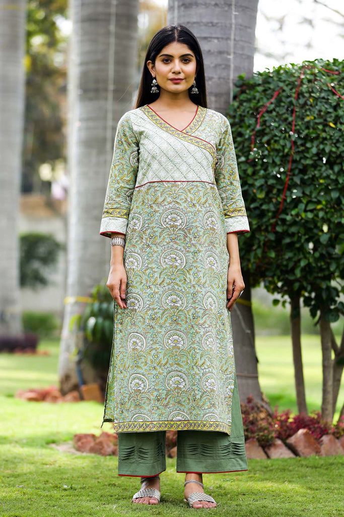 Straight fit /Angrakha style kurta in mehendi green color