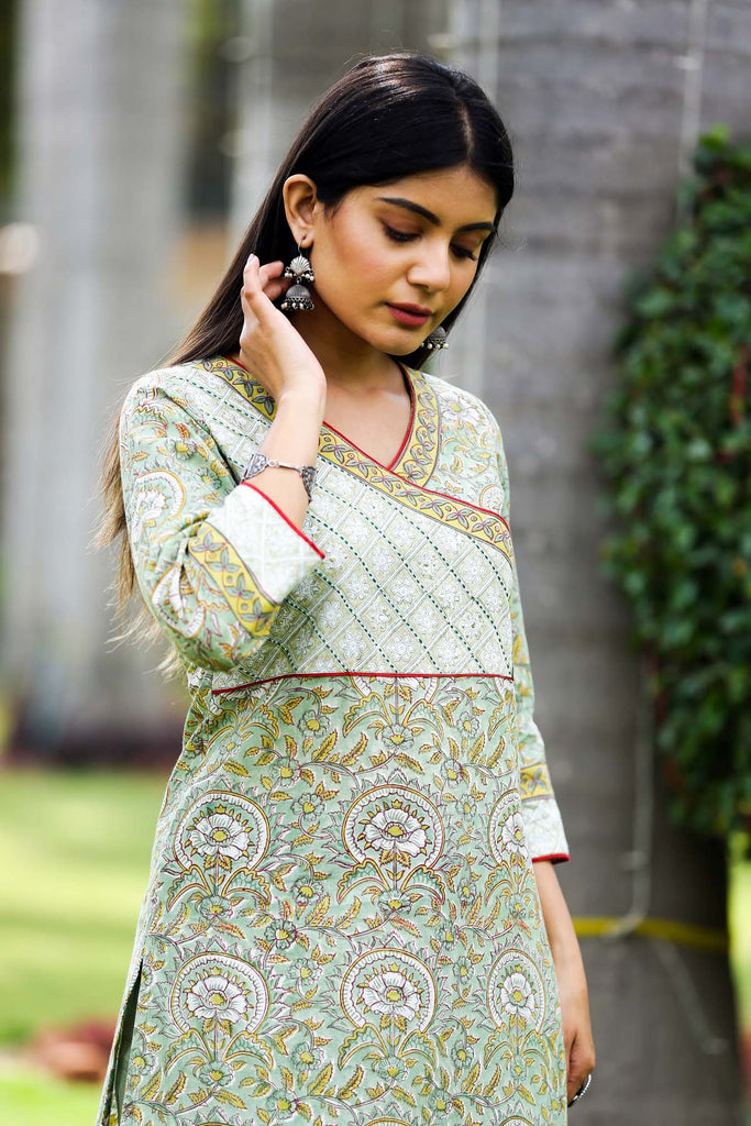 Straight fit /Angrakha style kurta in mehendi green color