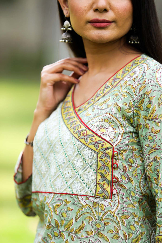 Straight fit /Angrakha style kurta in mehendi green color
