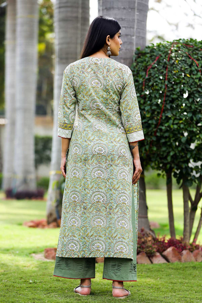 Straight fit /Angrakha style kurta in mehendi green color