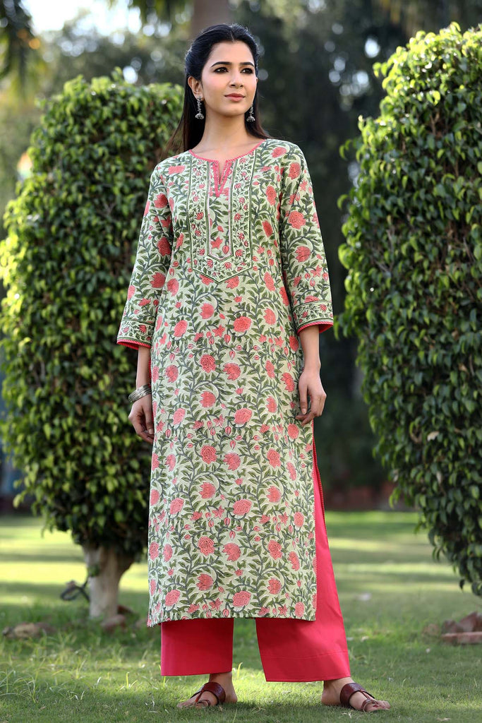 Straight fit hand block kurta in Mehndi green