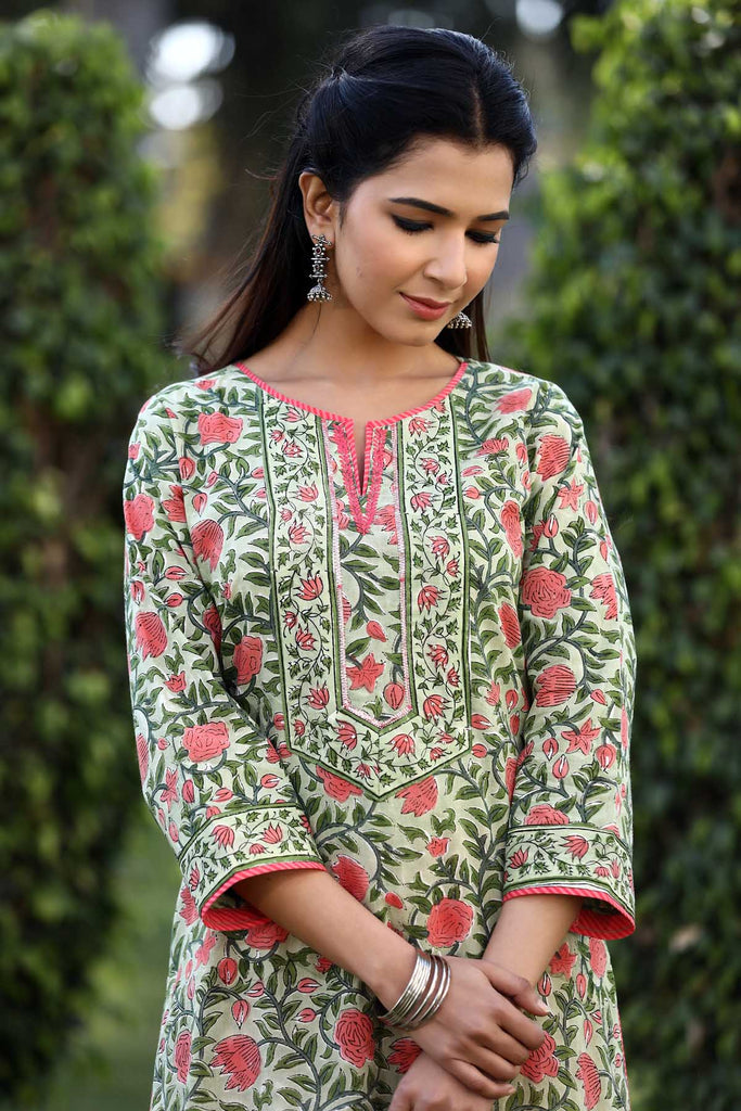 Straight fit hand block kurta in Mehndi green
