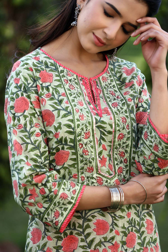 Straight fit hand block kurta in Mehndi green