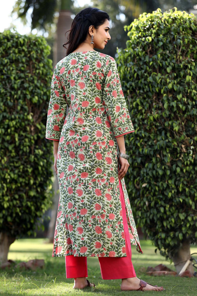 Straight fit hand block kurta in Mehndi green