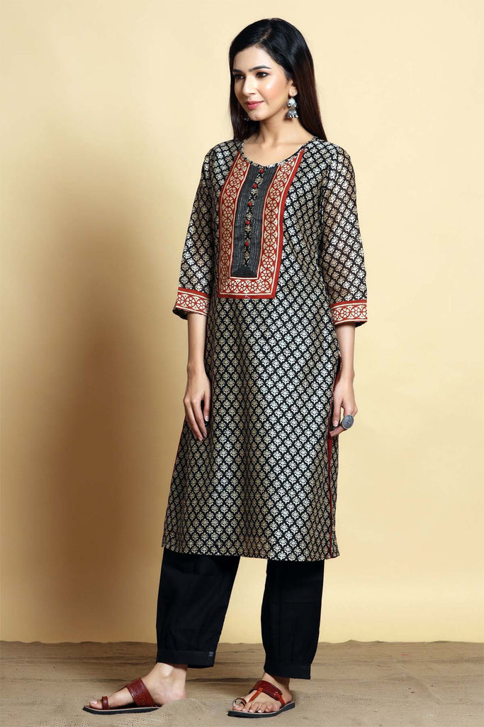 Straight Fit Short Length Chanderi Kurta In Bagru Print