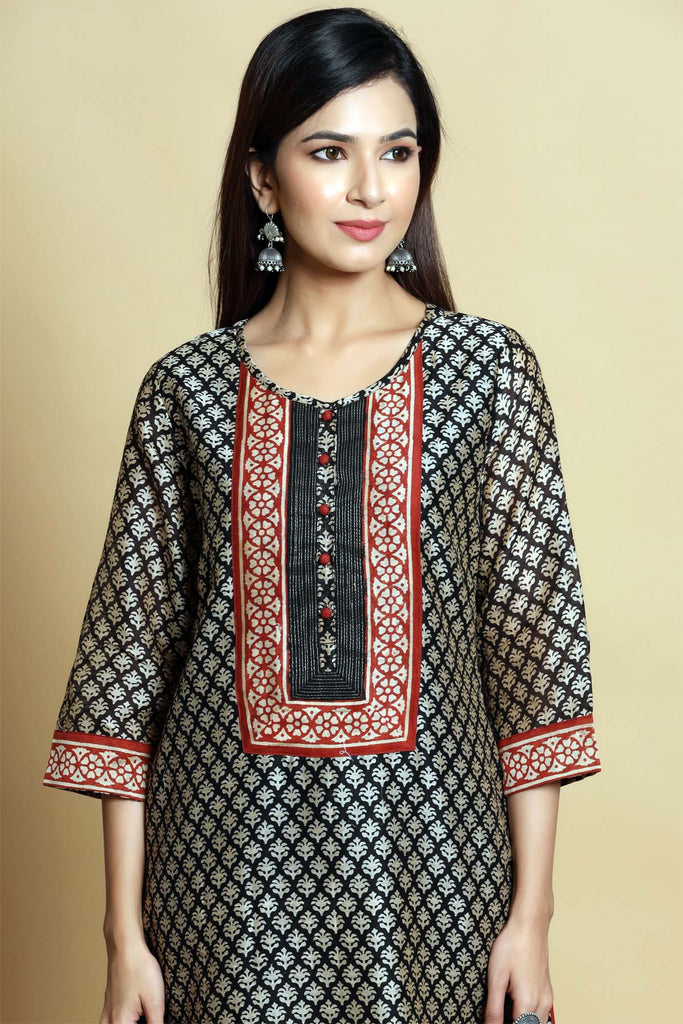 Straight Fit Short Length Chanderi Kurta In Bagru Print