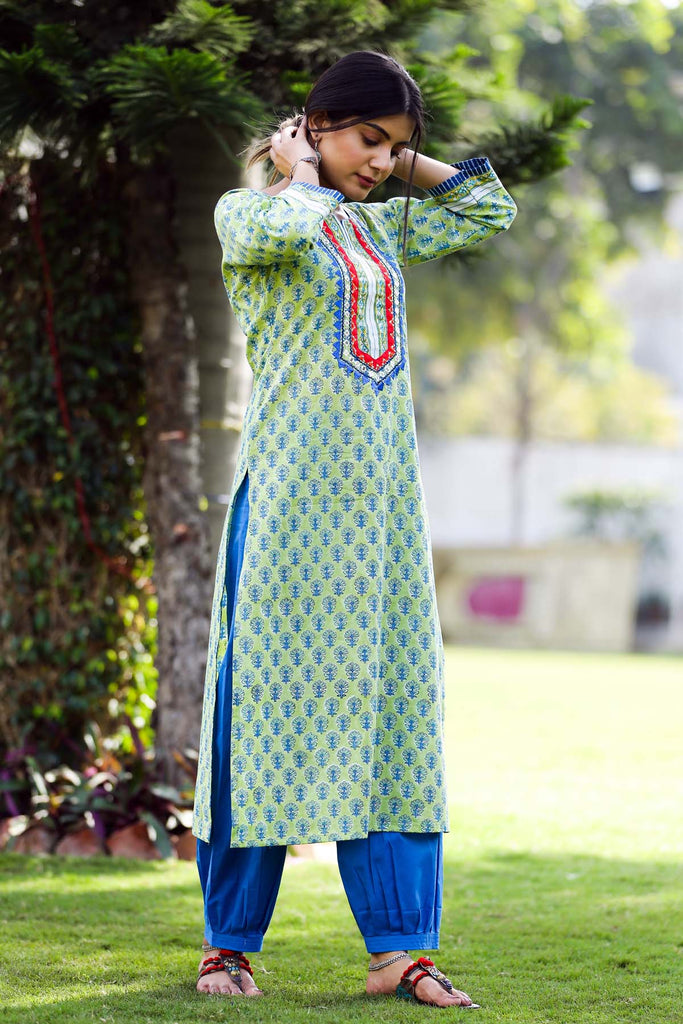 Straight Fit Hand Block Printed Kurta In Light Green Color