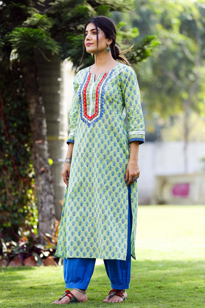 Straight Fit Hand Block Printed Kurta In Light Green Color