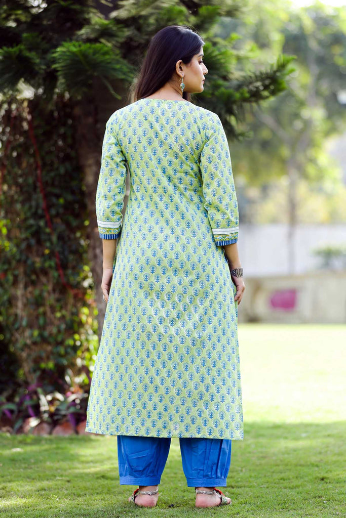 Straight Fit Hand Block Printed Kurta In Light Green Color