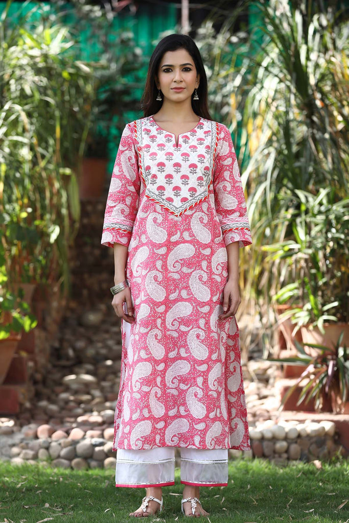 Straight fit hand block kurta in Pink color