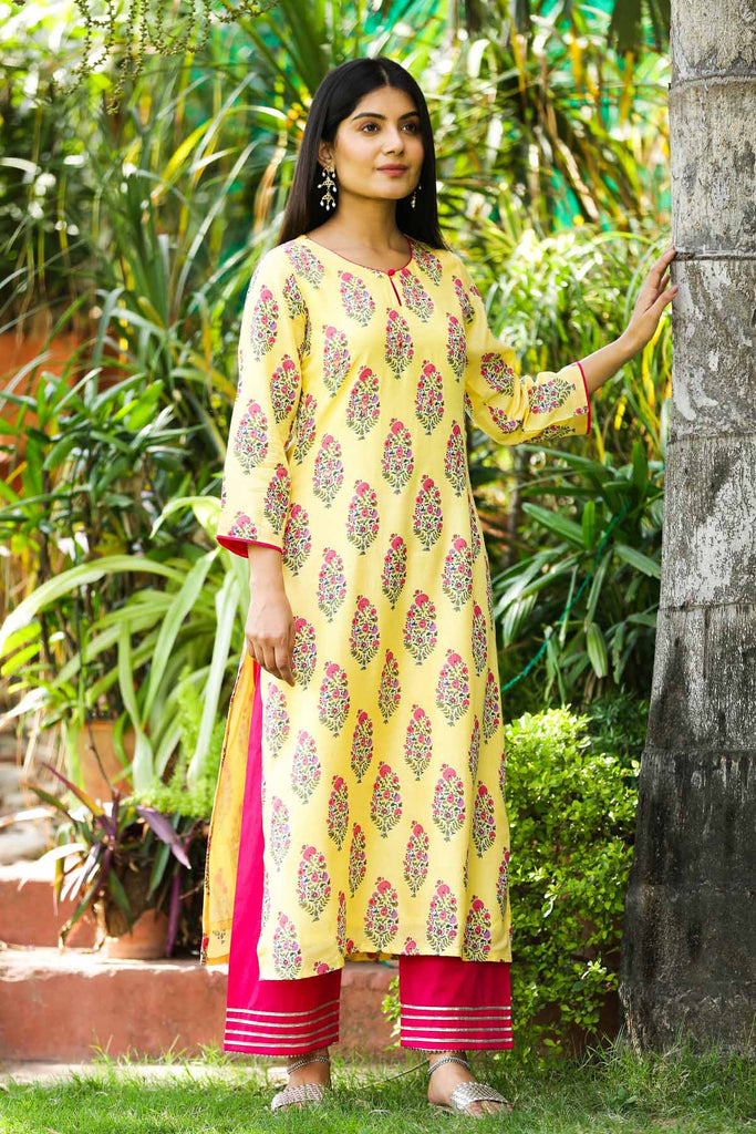 Yellow Straight Fit Hand Block Print Kurta In Modaal Silk Fabric